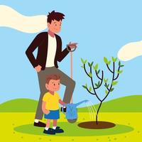 padre e hijo cuidando arbol vector