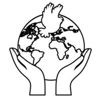 hands lifting earth planet and dove bird flying line style icon vector