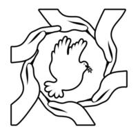 manos interraciales alrededor del icono de estilo de línea de vuelo de pájaro paloma vector