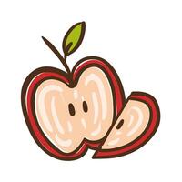 manzana, fruta fresca, mitad, mano, dibujar, estilo, icono vector