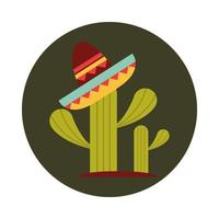 sombrero mexicano en bloque de decoración de cactus e icono plano vector