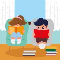 girl and boy reading on chair vector
