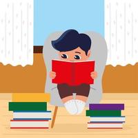 boy reading with books vector