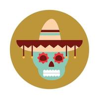 mexican skull with hat traditional decoration block and flat icon vector