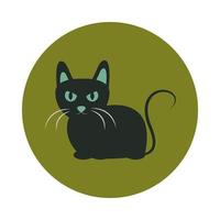 gato negro con ojos y orejas icono de bloque y plano de dibujos animados de animales verdes vector