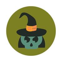 happy halloween green skull with witch hat trick or treat party celebration flat and block icon vector