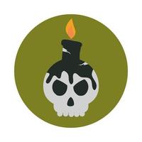 Feliz halloween calavera con vela encendida, truco o trato, celebración de fiestas, icono de bloque y plano vector