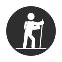 Deporte extremo senderismo hombre con palos caminar bloque de estilo de vida activo e icono plano vector