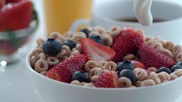 leite derramando em uma tigela de cereal com frutas vermelhas, câmera lenta filmada em phantom flex 4k a 1000 fps video