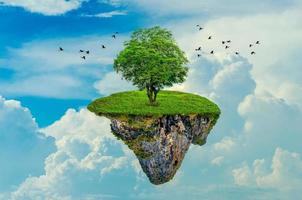 The island floats in the sky with 1 tree on the island. 3D photo