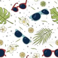 gafas de sol y flores tropicales hojas vector patrón transparente