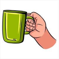 Cup with tea in hand A fragrant cup of tea for breakfast A restaurant Cartoon style vector