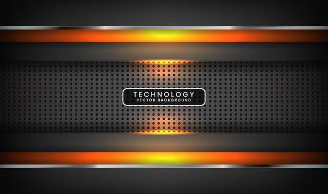 Abstract 3D grey techno background overlap layers on dark space with orange light effect decoration. Modern graphic design template elements for poster, flyer, card, cover, brochure, or landing page