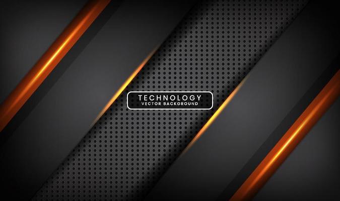 Abstract 3D grey techno background overlap layers on dark space with orange light effect decoration. Modern graphic design template elements for poster, flyer, card, cover, brochure, or landing page