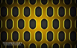 Abstract 3D yellow technology background with shiny effect. Overlap layers on dark space with textured metallic oval patterns. Graphic design template elements for poster, flyer, brochure, or banner vector