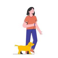 Mujer joven caminando junto con su perro en el parque vector