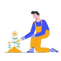 Gardening man plant flowers with happy vector