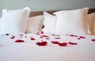 Saint valentine's day, white large bed with the rose petals, red rose petals on the big bed photo