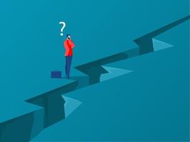 Businessman standing with thinking overcomes obstacle chasm on way to success. Achievement and challenge, businessman concept vector