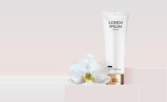 3D Realistic Natural beauty cosmetic product for face care with orchid flower. Design Template of Fashion Cosmetics Product for Ads, flyer or Magazine Background. Vector Illustration