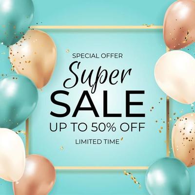 Super Sale Limited Time Background with Balloons, golden frame, ribbon and confetti. Vector Illustration