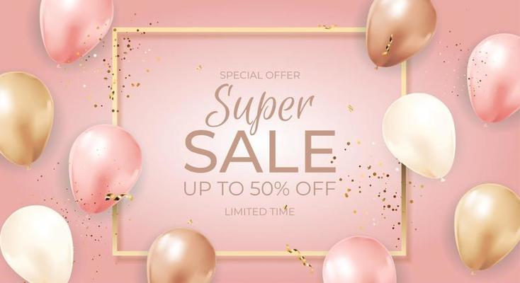 Super Sale Limited Time Background with Balloons, golden frame, ribbon and confetti. Vector Illustration