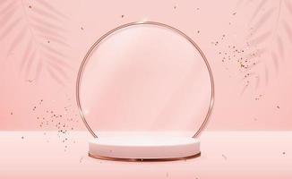 pedestal realista 3d de oro rosa con marco de anillo de vidrio dorado sobre fondo natural rosa pastel. moderno podio vacío para presentación de productos cosméticos, revista de moda. copia espacio ilustración vectorial vector