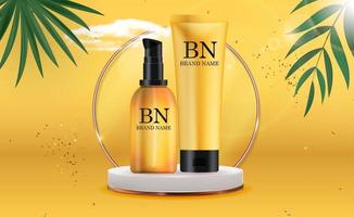 3D Realistic sun Protection Cream Bottle on pedestal and Sunny Yellow Background with palm leaves. Design Template of Fashion Cosmetics Product. Vector Illustration