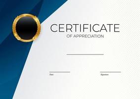 Blue and gold Certificate of achievement template set Background with gold badge and border. Award diploma design blank. Vector Illustration. EPS10