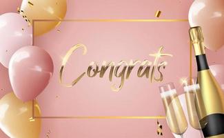 Realistic 3d congrats background with bottle of champagne and a glass for party, holiday, birthday, promotion card, poster. Vector Illustration EPS10
