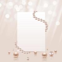 Glossy abstract background with realistic pearls and white paper template. Vector Illustration