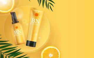 3D Realistic sun Protection Cream Bottle on Sunny Yellow Background with palm leaves and orange. Design Template of Fashion Cosmetics Product. Vector Illustration