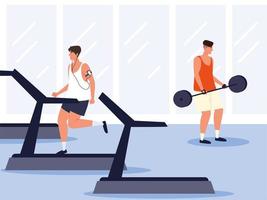 hombres entrenando en el gimnasio vector