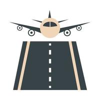 aeropuerto, avión, pista, vista frontal, viaje, transporte, terminal, turismo, o, negocio, plano, estilo, icono vector