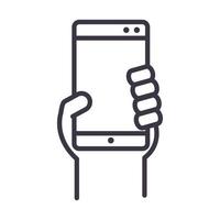 mano con tecnología de dispositivo de teléfono inteligente icono de diseño de estilo de línea delgada vector