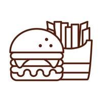 comida rápida hamburguesa y papas fritas cena y menú comida sabrosa e icono de estilo de línea poco saludable vector