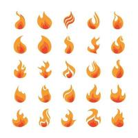 fire flame burning hot glow flat design icons set vector