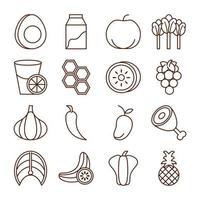 healthy food fresh fruits vegetables and protein ingredient products icons set line style icon vector