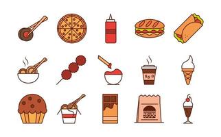 fast food dinner and menu tasty meal and unhealthy restaurant lunch icons set line and fill style vector