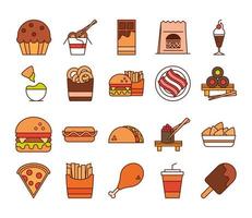 fast food dinner and menu tasty meal and unhealthy restaurant lunch icons set line and fill style vector