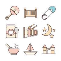 baby feeding toys and clothes welcome newborn icons set line and fill design vector