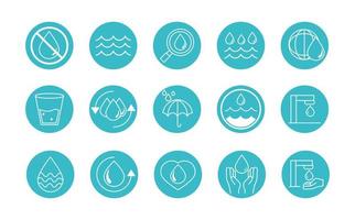 water drops nature liquid save environment drink blue block style icons set vector