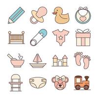 juguetes y ropa de alimentación para bebés bienvenidos iconos recién nacidos establecer línea y diseño de relleno vector