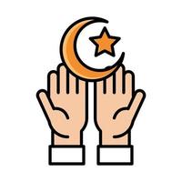 hands moon and star eid mubarak islamic religious sacred line and fill icon vector