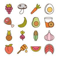 alimentos saludables frutas frescas verduras y productos de ingredientes de proteínas iconos de línea y estilo de relleno vector