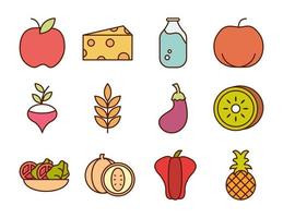alimentos saludables frutas frescas verduras y productos de ingredientes de proteínas iconos de línea y estilo de relleno vector
