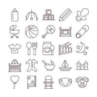 baby feeding toys and clothes welcome newborn icons set line and fill design vector