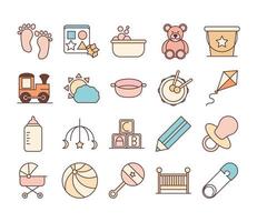 baby feeding toys and clothes welcome newborn icons set line and fill design vector