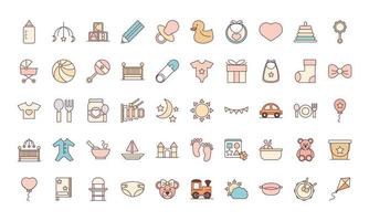 baby feeding toys and clothes welcome newborn icons set line and fill design vector