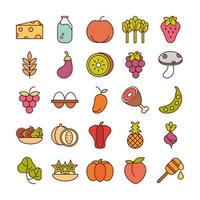 healthy food fresh fruits vegetables and protein ingredient products icons set line and fill style icon vector